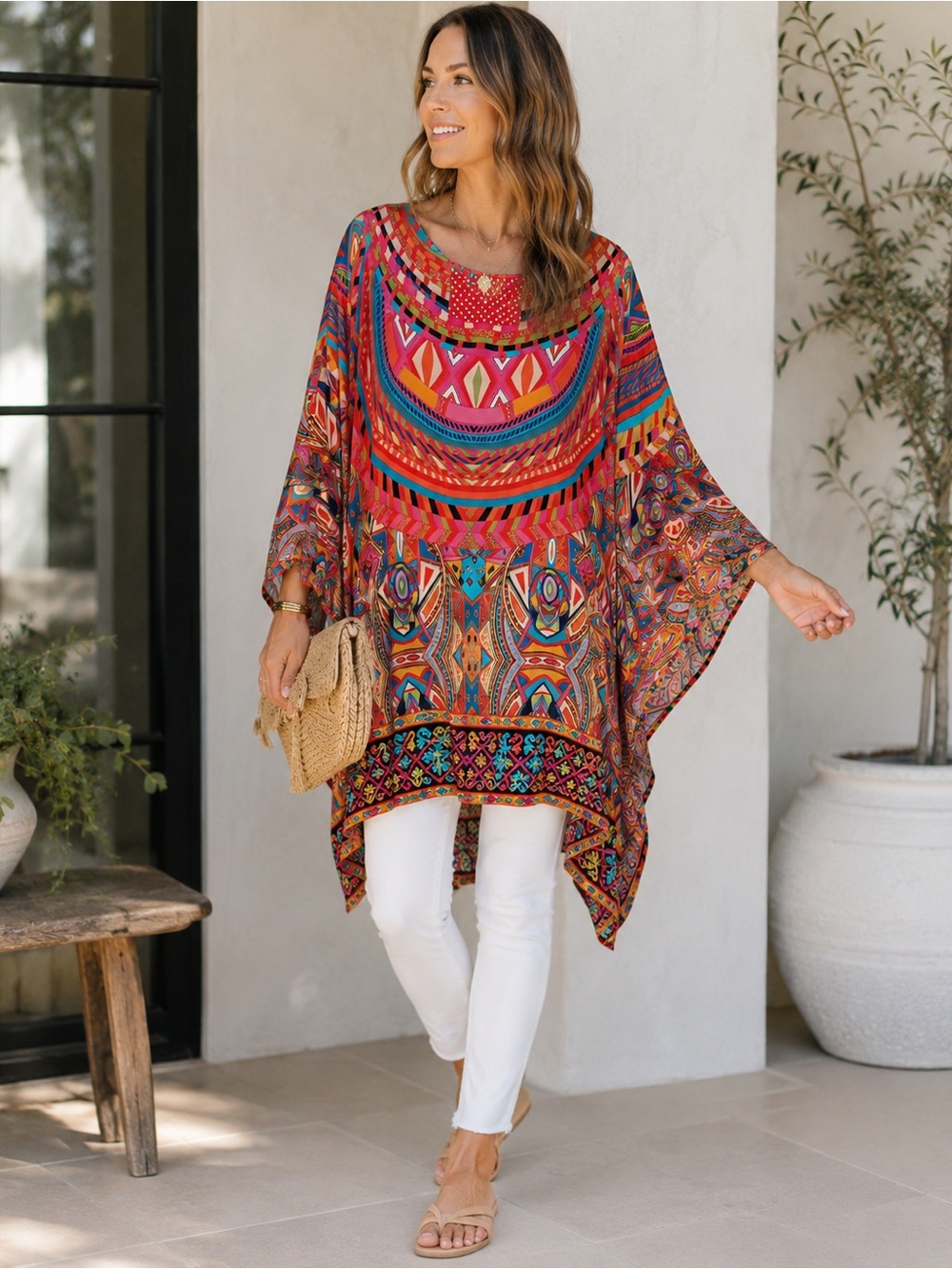 Tolani 100% Silk Multicolor Boho Kaftan Batwing Tunic Blouse Size L